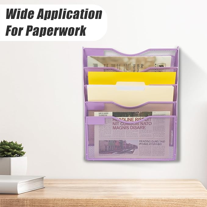 5 Pocket Mesh Hanging Wall File Organizer, Wall Mounted Mail Paper Document Folder Holder, Clipboard Storage Organization Magazine Rack with Nametag Label for Office Home School, Light Purple - Image 7