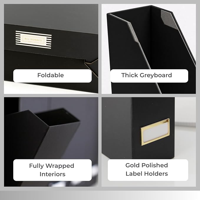 BLU MONACO | Cardboard Magazine File Holder Set of 6 Black | Vertical Magazine File Holder with Gold Label Slots | Standing File Holder and Cardboard Bins for Shelves Desk Storage - Image 8
