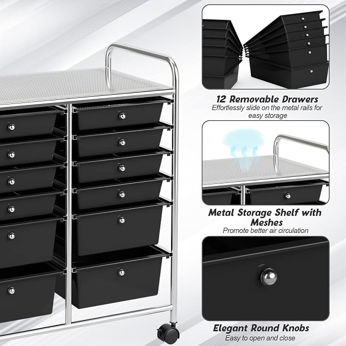 COSTWAY 12-Drawer Rolling Storage Cart, Moveable Art Craft Organizer | Lockable Wheels, Metal Shelf, Files Arrangement Tools Makeup Storage Cart for Office, Home, School (Black) - Image 4