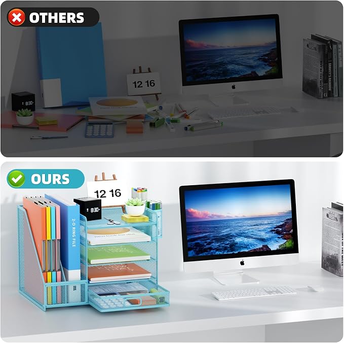 Marbrasse Desk Organizer with File Holder, 5-Tier Paper Letter Tray Organizer with Drawer and 2 Pen Holder, Mesh Desktop Organizer and Storage with Magazine Holder for Office Supplies(Blue) - Image 5