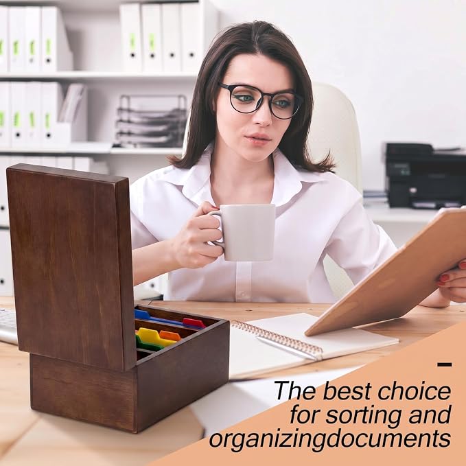 4 x 6 Inch Index Card Holder Set, Bamboo Index Cards Organizer, 50 Pcs Dividers 2 Sheets Alphabet Number Stickers File Note Holders for Office Business Classroom, Brown - Image 6