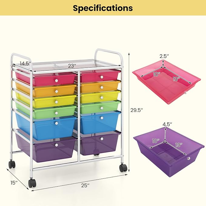 COSTWAY 12-Drawer Rolling Storage Cart, Moveable Art Craft Organizer | Lockable Wheels, Metal Shelf, Files Arrangement Tools Makeup Storage Cart for Office, Home, School (Rainbow) - Image 3