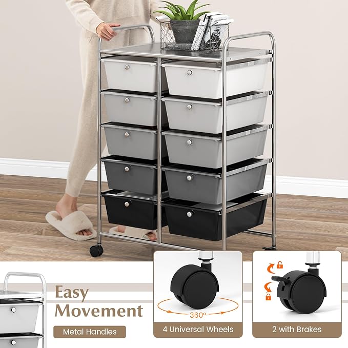 COSTWAY 10 Drawer Rolling Storage Cart, Utility Cart with Lockable Wheels | Mobile Art Supply Craft Organizer with Metal Frame, Multipurpose Drawer Cart for Paper for Office, School, Mixed Black - Image 5