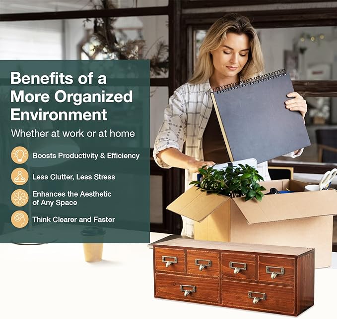 6-Drawer Vintage Desk Organizer Classic Brown Wood Storage Drawers for Tabletop - Slim Retro Style Desktop Organizing Cabinet with 6 Drawers - Office Study Table Wood Storage Box Organizer, 1-pack - Image 4