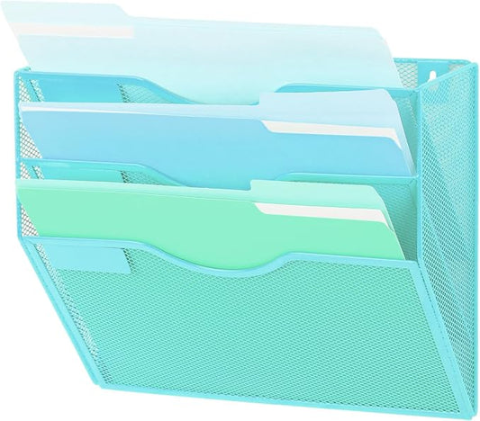 3 Pocket Mesh Hanging Wall File Organizer, Wall Mounted Mail Paper Document Folder Holder, Clipboard Storage Organization Magazine Rack with Nametag Label for Office Home School, Blue by EASEPRES