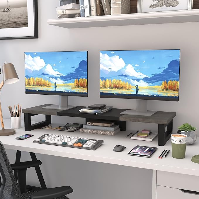 WESTREE Dual Monitor Stand Riser, Wood and Steel Monitor Stand Riser, Computer Monitor Stand for 2 Monitors, Multi-Purpose Desktop Storage Stand for Computer,Laptop,Printer,TV - Image 2