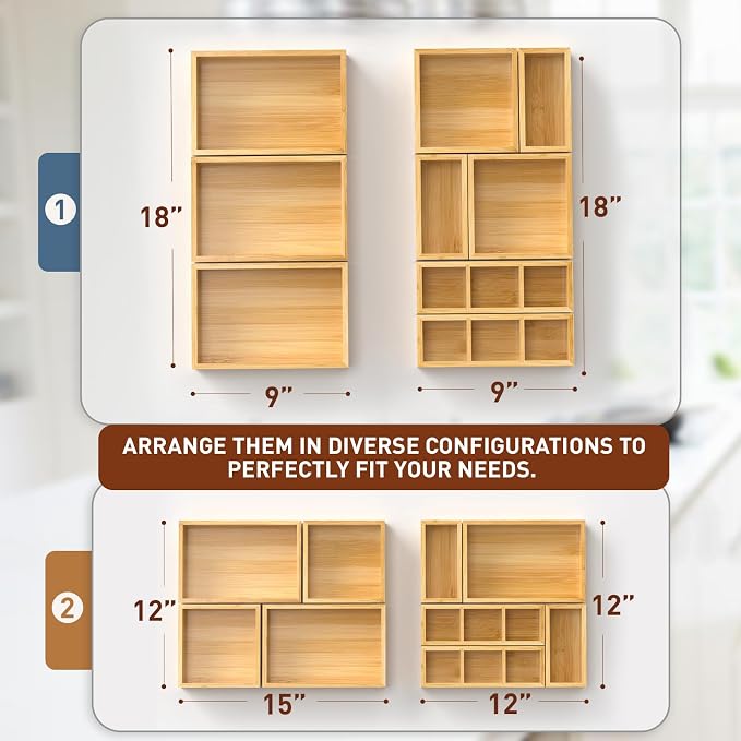 Bamboo Drawer Organizer, Set of 9 Wood Kitchen Junk Tea Desk Office Tray, Wooden Storage Boxes Organizers for Bathroom, Office (2" H 9 Boxes) - Image 5