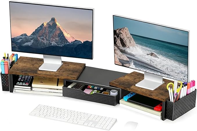 Spacrea Wood Dual Monitor Stand Riser with Drawer and 2 Pen Holders | Monitor Riser Desk Organizers and Accessories,Desk Accessories & Workspace Desktop Organizers for Office Supplies by Spacrea