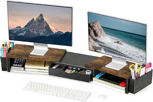 Spacrea Wood Dual Monitor Stand Riser with Drawer and 2 Pen Holders | Monitor Riser Desk Organizers and Accessories,Desk Accessories & Workspace Desktop Organizers for Office Supplies by Spacrea