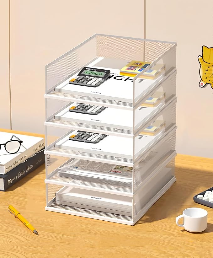 A3 Mesh Desk File Organizer, Stackable Paper Tray，Desktop Document Sorter, File Storage, 3/4/5-Tier Paper Letter Tray Organizer, Desk Accessories & Workspace, Black (5 Tier-Portrait-White) by wen-liz-US