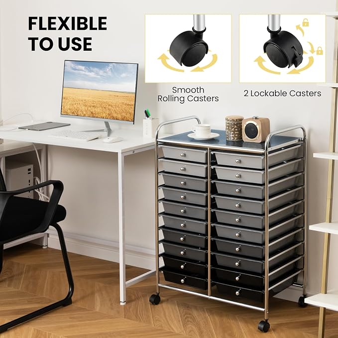 Giantex 20 Drawers Rolling Cart, Mobile Storage Drawer Cart, Classroom Organizer Cart for Office School Supplies Teacher Tools Paper Craft Small Printer, Utility Cart on Wheels, Gradient Grey - Image 9