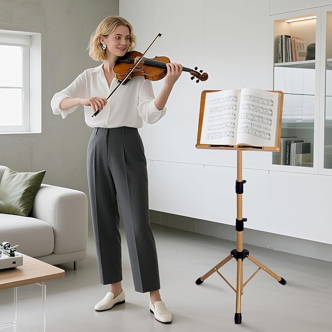 Portable Music Stand - Folding Music & Book Stand with Carrying Bag, Adjustable Height Wooden & Metal Foldable Podium Stand for Sheet Music, Reading, Bible, Laptop, Cookbooks, Projector - Image 3