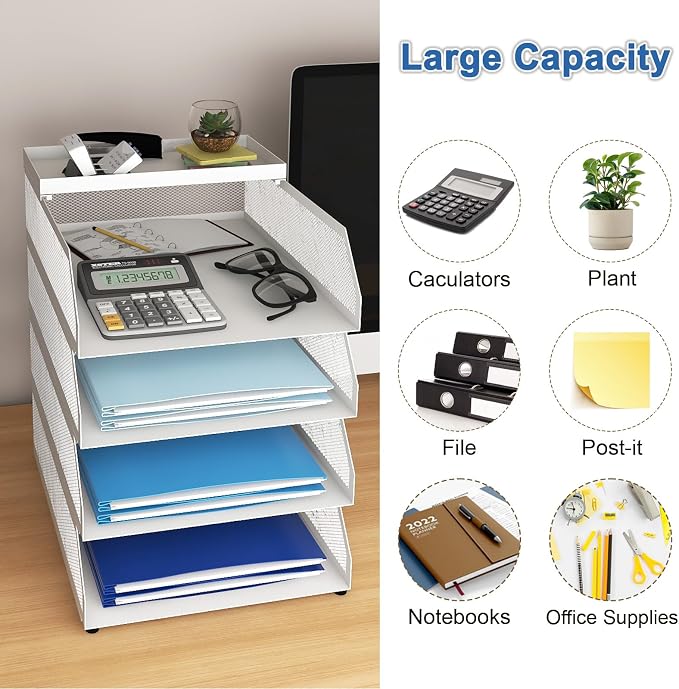 Natwind 4-Tier Stackable Metal Mesh Desk Paper Tray Organizer,White | Desktop Accessories for Office Supplies, Letter Tray For Paper Storage ,File Document Holder For Home School Classroom - Image 4