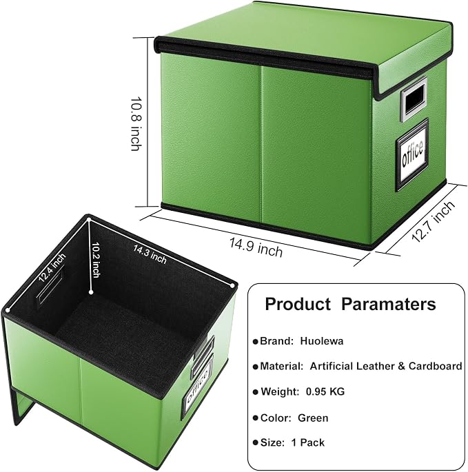 File Organizer Box with Lids, Collapsible File Folder Organizer | File Box with Plastic Slides for Document, Filing Bin for Letter Size Hanging File Folders (2 Pack, Green, Leather) - Image 6