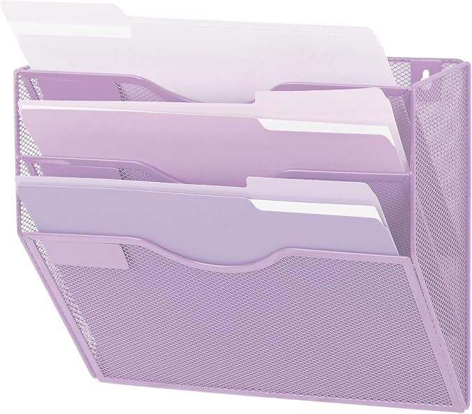 3 Pocket Mesh Hanging Wall File Organizer, Wall Mounted Mail Paper Document Folder Holder, Clipboard Storage Organization Magazine Rack with Nametag Label for Office Home School, Light Purple by EASEPRES