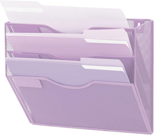3 Pocket Mesh Hanging Wall File Organizer, Wall Mounted Mail Paper Document Folder Holder, Clipboard Storage Organization Magazine Rack with Nametag Label for Office Home School, Light Purple by EASEPRES