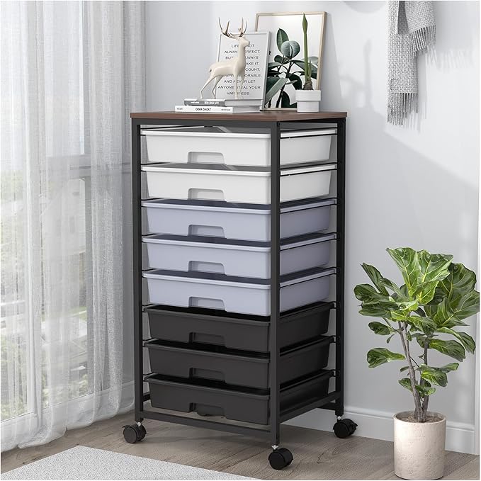 SYKIARIOL Rolling Cart with Drawers,8 Drawers Utility Cart,Grey Gradient | Craft Organizers and Storage with Wooden Tabletop for Living Room,Classroom,Bedroom,Bathroom,Dorm,Office by SYKIARIOL