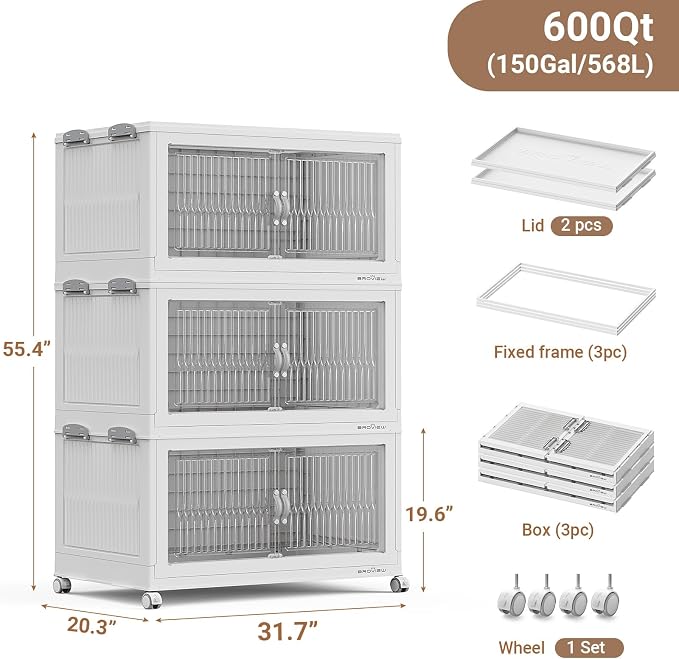 BROVIEW 600Qt Extra Large Stackable Storage Bins with Lid, Closet Organizer Collapsible Drawer Boxes with Wheels, Folding Plastic Cabinet Containers for Home Kitchen Room Organization, 3Pack White - Image 2