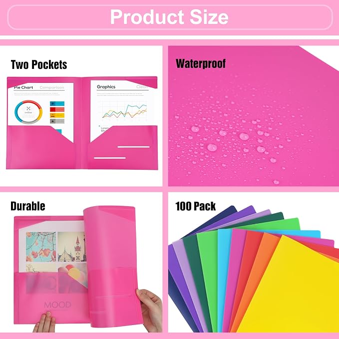 EOOUT 100pcs Plastic Folders with Pockets, Heavy Duty Pocket Folders with 4 Pockets for Office and School, Letter Size, 10 Assorted Colors - Image 4