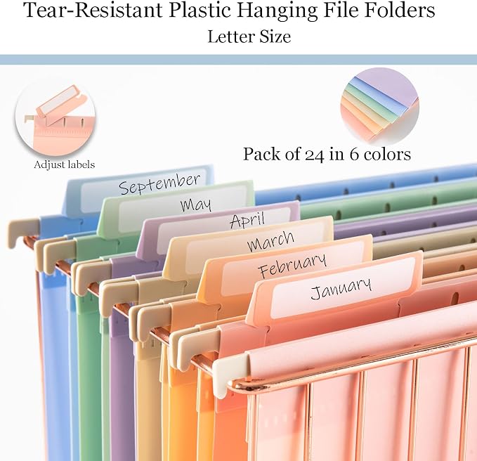 24 Plastic Letter Sized Hanging Folder with Labels, Dopamine Color | Keeps paperwork organized with vibrant color coding for quick identification at home, school, or work. - Image 3