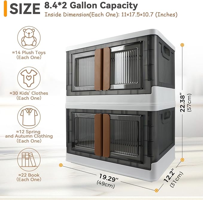 Storage Bin, Foldable Cabinet, 8.4 Gallon (32L) Capacity (Each One), 2 Packs, Collapsible Box with Lids, Transparent, Organizers for Living Room, Bedroom - Image 2