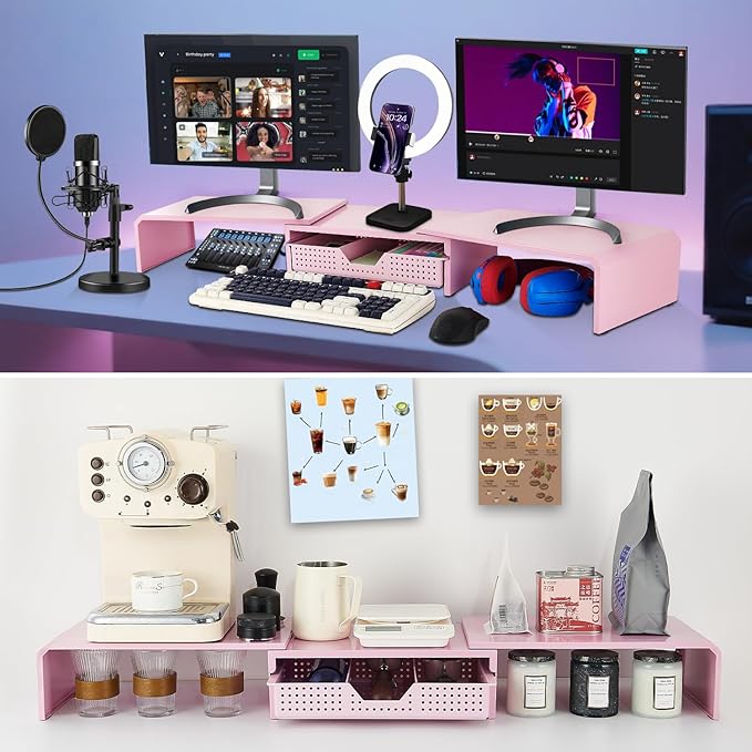 LEKETREE Dual Monitor Stand Riser with Drawer, Desk Organizer and Accessories, Pink Monitor Stand for Desk, Desktop Stand for Computer, Laptop, TV and More (Pink) - Image 4