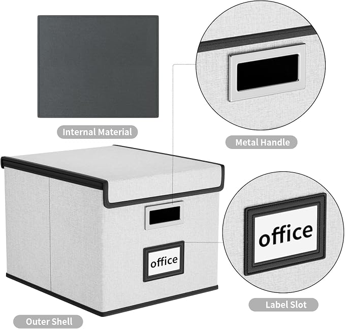 File Organizer Box with Lids, Collapsible File Folder Organizer | File Box with Plastic Slides for Document, Filing Bin for Letter Size Hanging File Folders (1 Pack, Light Gray) - Image 4
