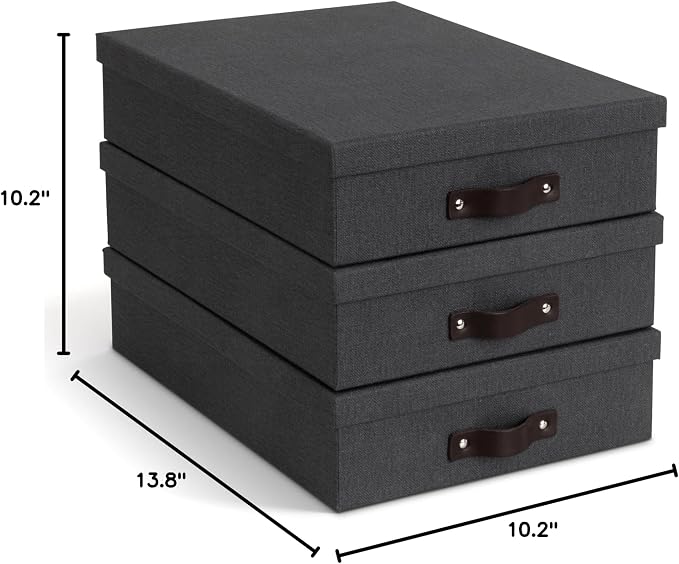 Bigso Oskar Canvas Fiberboard Document Letter Box for Important Paperwork A4 or Letter Size - Durable Keepsake Box with Lid and Leather Handle - 3.3in x 10.2in x 13.8in - Black - 3 Pack - Image 8