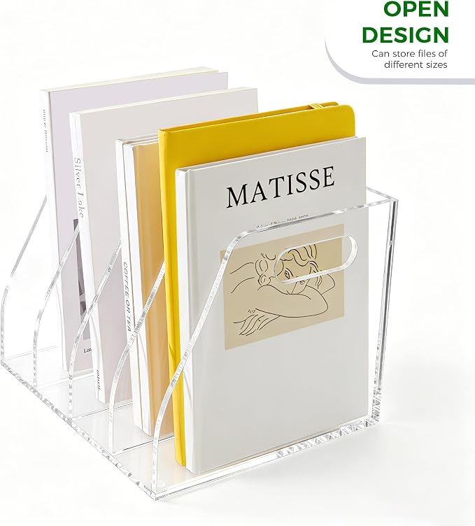 Clear Acrylic Magazine File Holder with Handles, 4-Slot Heavy-Duty Desk Organizer, Vertical Document Sorter & Book Rack for Office, Home & Classroom, Thick 5mm Tabletop Storage, 7.1x8.1x6.3 in - Image 3