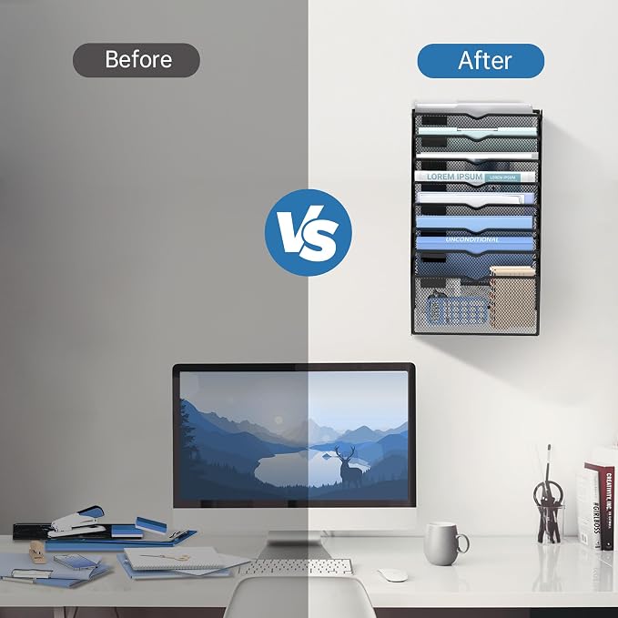 8-Tier Wall File Organizer and Hanging File Organizer, Black | Wall Organizer and Wall Mounted File Holder with 8 Pockets and Label Panels for Files, Mail, Folders, Magazines and Paper - Image 4