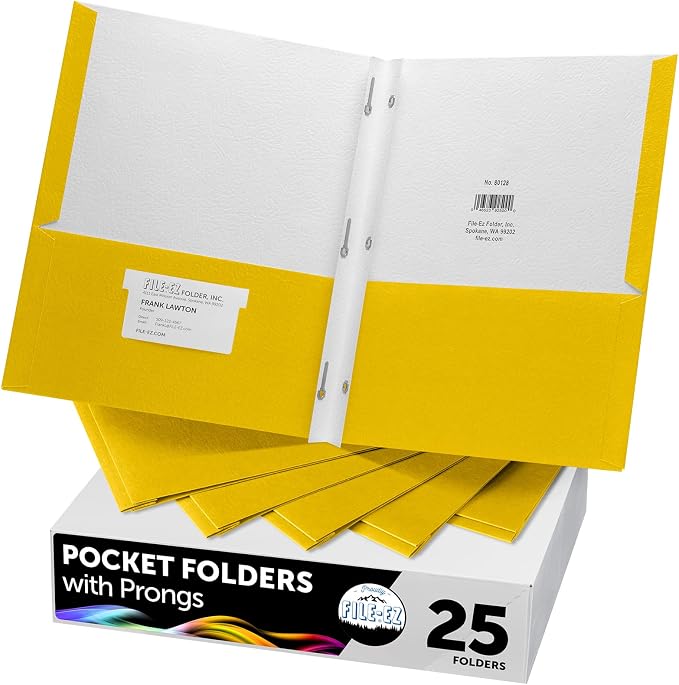 FILE-EZ Two-Pocket Folders with 3-Prong Fasteners, Yellow Color, 25-Pack, Durable Textured Paper, Matte Finish, Letter Sheet Size (EZ-92570) by FILE-EZ