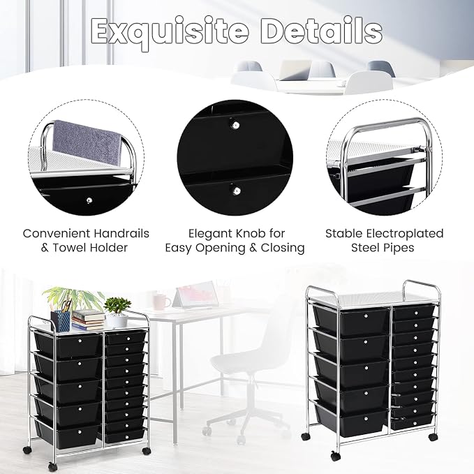 COSTWAY 15 Drawer Rolling Storage Cart, Mobile Storage Organizer | Removable Drawers & Metal Frame, Multipurpose Utility Tools Paper Organizer on Wheels for Home, Office (Black) - Image 5