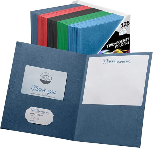 FILE-EZ Two-Pocket Folders, Assorted Colors, 125-Pack, Textured Paper, Letter Size (EZ-32400) by FILE-EZ