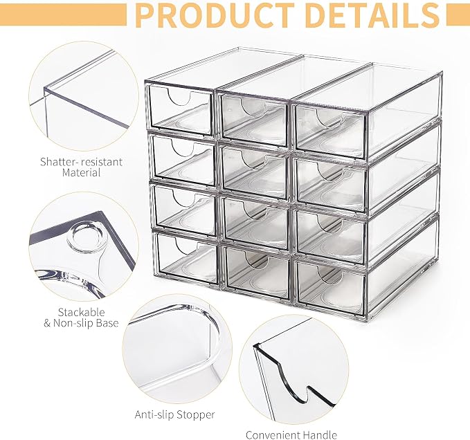 Desk Organizer with Drawers, Stackable Plastic Storage Drawers for Makeup or Desk Organization, Cabinets for Office Dressing Countertop Bathroom Bedroom (12 Packs) - Image 3