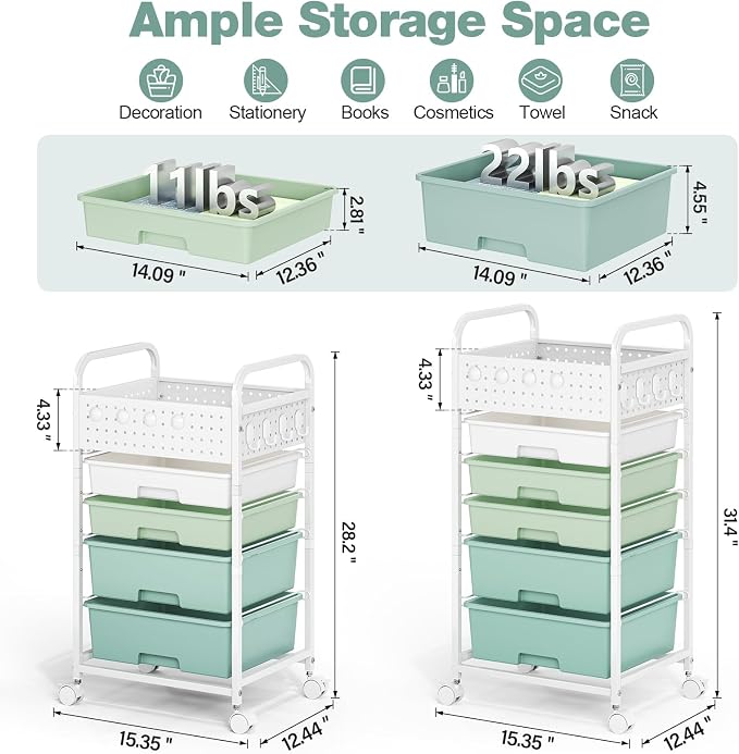 5 Drawer Rolling Storage Cart with Pegboard Top and Hooks, Gradient Green | Mobile Organizer Cart with Wheels for Office Supplies, Craft Storage, Classroom Organization, Home Utility Cart - Image 2