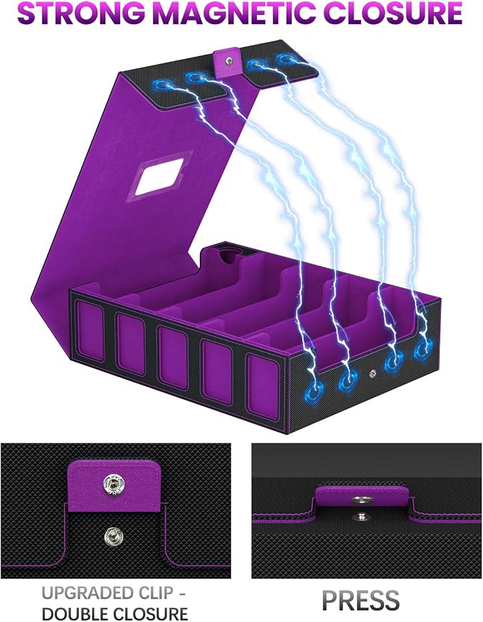 Trading Card Storage Box, 5 Row Card Deck Case with Commander Display & Portable Handle, 4200+ Card Deck Boxes Compatible for MTG TCG Magic Cards, 30 Divider, 8 Supporters, 1 Dice Tray(Black & Purple) - Image 4