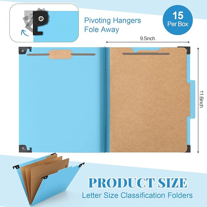 Henoyso 15 Pcs Hanging Pressboard Classification Folders with 4 Hangers, 3 Divider/ 8 Section, Letter Size, 8 Fasteners, 4 Inch Expansion, 1/3-cut Tab File Folder for Office School Medical(Light Blue) - Image 2