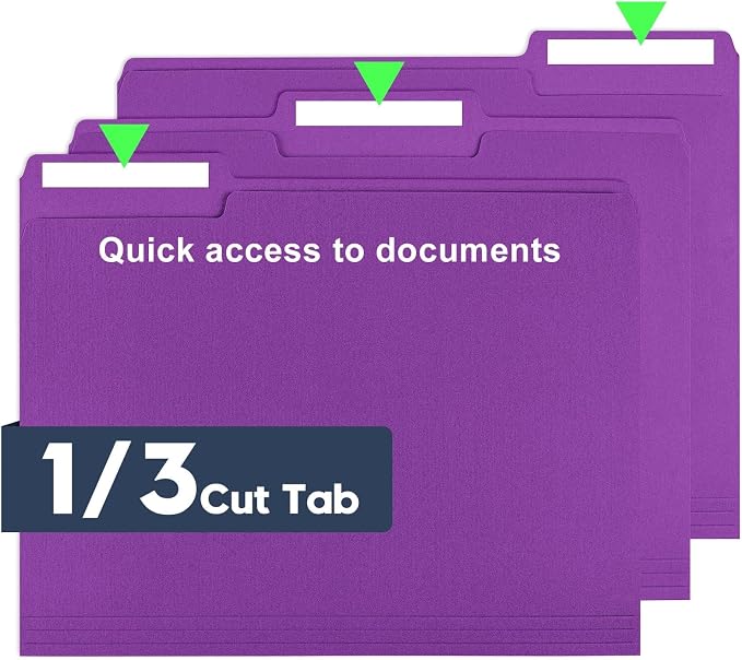 File Folders,Colored File Folders Letter Size 8.5" x 11",150 Pack 1/3 Cut Tab Bulk Folders,Durable Paper Folders with Blank Labels for Office Business School Home Use,Vivid Purple - Image 3