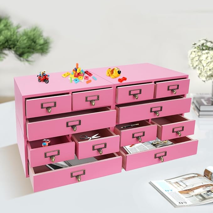 Stackable 4 Pack Pine Wood Desktop Storage Organizer with 3 Drawers, Brown Tabletop Drawer Box with Metal Handles, Space Saving for Office Study Living Room Coffee Bar (Pink) - Image 2