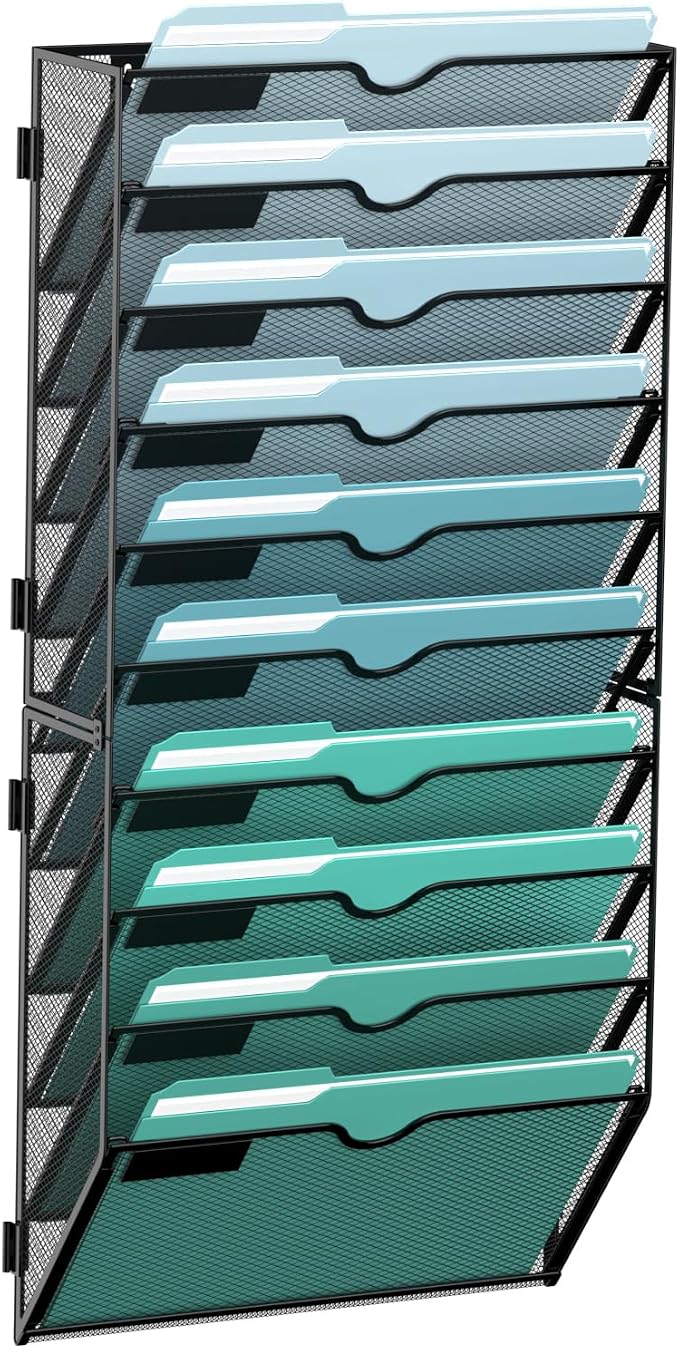 10-Tier Wall File Organizer, Hanging File Holder, Wall Mounted Mail Sorter | Metal Mesh Hanging File Organizer with Open Compartments and Label Panels for Papers and Folders at Home, Office or School by SUPEASY