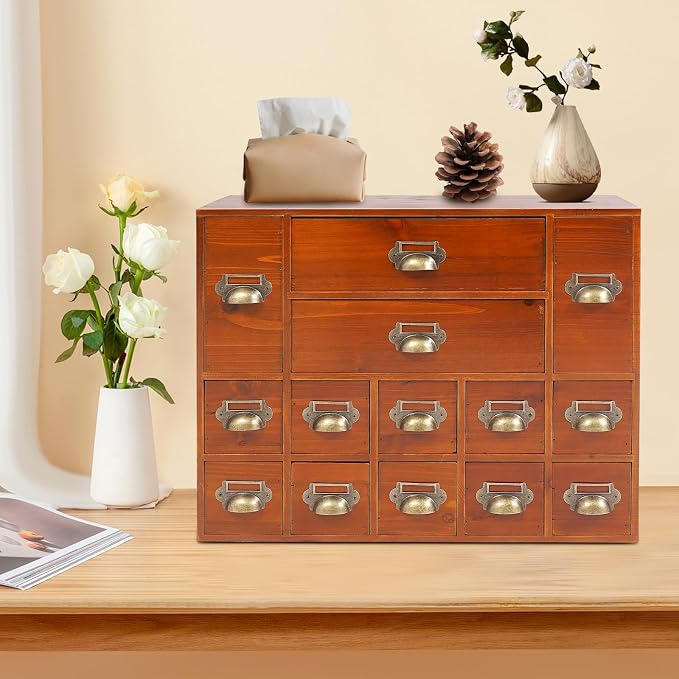 Vintage 14-Drawer Wooden Desk Organizer - Stackable Craft Storage Drawers - Rustic Desk Storage Box with Drawers - Multilevel Apothecary Cabinet - Ideal Home Office Organizers and Accessories - Brown - Image 2