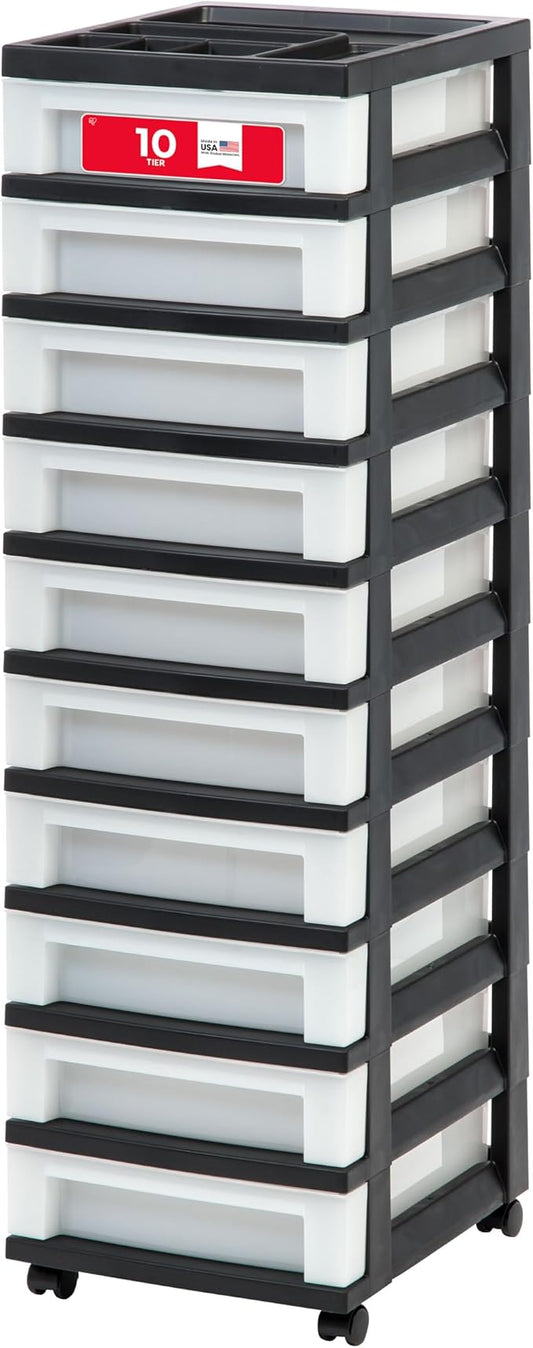 IRIS USA 10-Drawer Rolling Storage Cart, Black/Pearl | Keep craft supplies, office essentials, classroom items, and accessories organized with easy-access drawers for daily use by IRISUSA