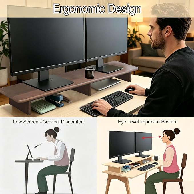 Solid Wood Dual Monitor Stand Riser Walnut Monitor Riser for Desk Wooden Desk Shelf Ergonomic Monitor Stand for Home Office - Image 9