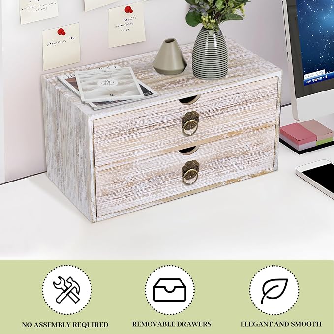 Wood Desk Organizer, Vintage Brown Wooden Desktop Organizer with Drawer, Tabletop Storage Organization Box for Countertop, Home Office Supplies, Bills, 13.3 x 6.5 x 7 Inches(2 Drawer) - Image 7