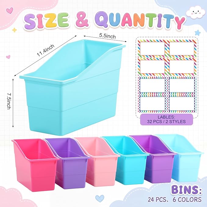 Blosssound 24 Set Book Bins for Classroom with Label Sticker Book Box Baskets Plastic Stackable Organizing Bins Storage & Organization for Classroom Library Home School Supplies (Purple Pastel) - Image 2