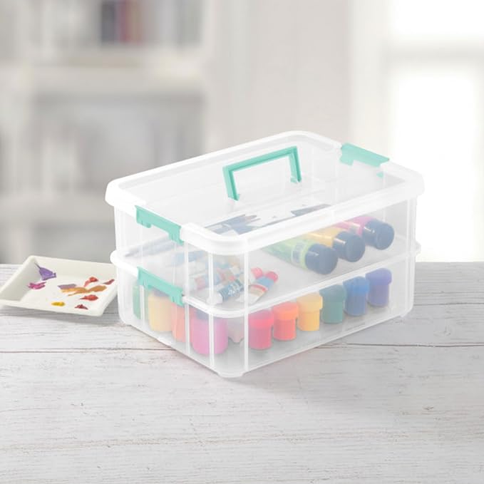 Sterilite 16-Pack Stack & Carry, 2 Layer Handle Box for Home & Office Storage - Clear Base & Lid with Color Latches, Organizer for Art & Craft Supplies, Sewing Tools or 8.5" x 11" Paper - Image 6