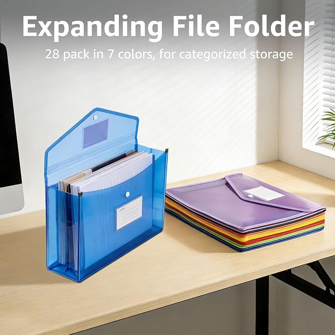 28 Pack Plastic Expanding File Folder with Pocket Label Colorful File Pouch | Clear Expandable Folder Organizer Snap Closure Large Capacity No Divider For A4 Size Letter ,Documents Home School & Office - Image 3
