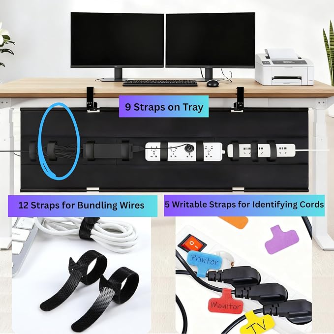 Under Desk Cable Management Tray, 48" Extra Large No Drill Cord Organizer with Easy to Clean Oxford Fabric, Clamp On Power Stripe Holder for Office, Home Office & Gaming Space - Image 4