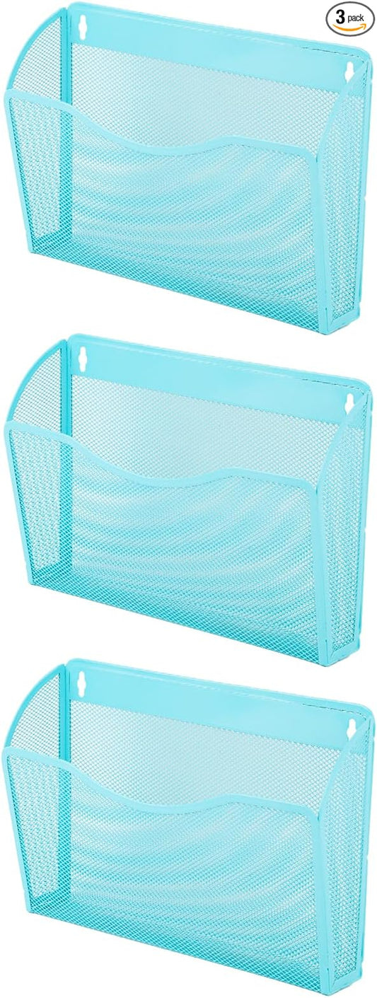 3 Single Pocket Mesh Hanging File Organizer, Vertical Wall Mounted Magazine File Holder, Mount Basket Mail Paper Document Folder Organizing for Office, Home and School, Blue by EASEPRES
