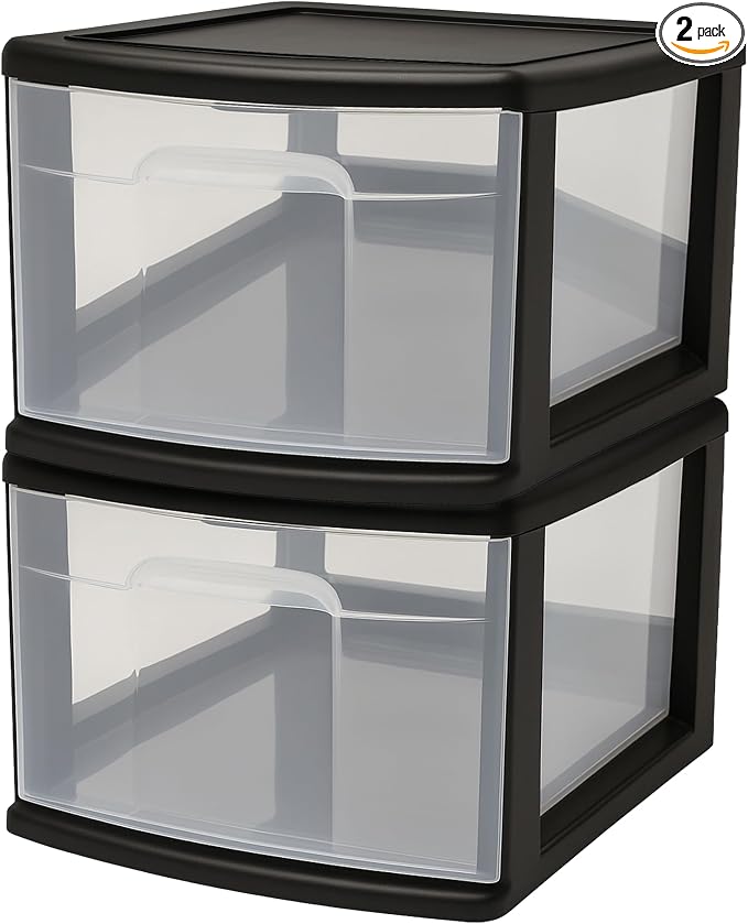 HOMZ 2-Pack 1-Drawer Storage Cart, Clear Plastic Container, 14.25" Wide Medium, Black Frame - Organizing Drawer Containers for Home, Bathroom, Bedroom, Office, and Classroom by Homz